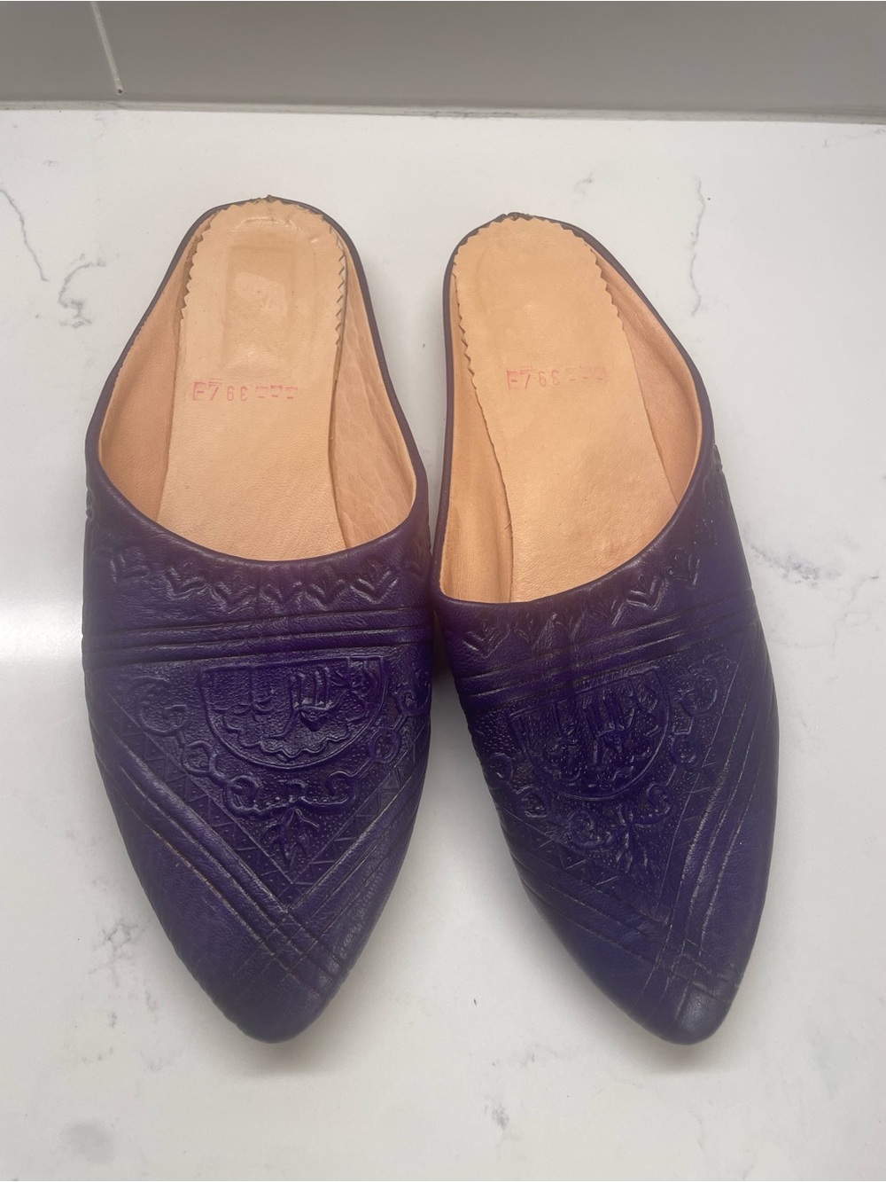 Embroidered Pointed Slip-On Mules in Dark Purple